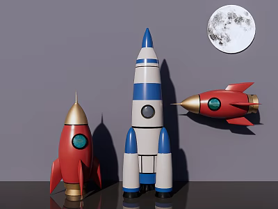 Colorful Rocket Shaped Decorative Ornament Set With Moon Accent And Red Blue White Designs 3d model