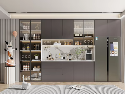 Modern Wine Cabinet with Glass Doors and Wine Bottles Display in Contemporary Kitchen Interior 3d model