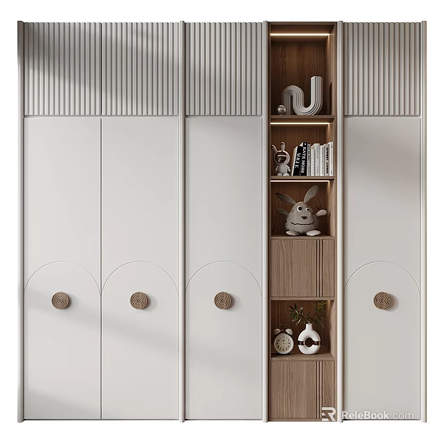 Modern Wardrobe With White Doors Round Wooden Knobs Open Shelves Books Decorative Toys And Vase 3d model 