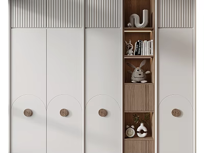 Modern Wardrobe With White Doors Round Wooden Knobs Open Shelves Books Decorative Toys And Vase 3d model