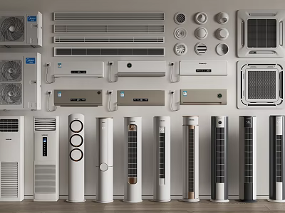 Various Types And Styles Of Air Conditioners And Fans Displayed As Home Appliances 3d model