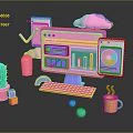 Modern Computer Workspace Setup With Colorful Monitor Data Charts Keyboard Cactus Coffee Cup Geometric Cloud
