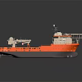 Orange Marine Work Vessel with Green Helipad White H Symbol and Deck Equipment