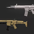 Two Tactical Tan Rifles With Black Components On Dark Background