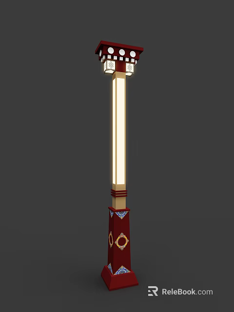 Traditional Red Outdoor Light Post With Decorative Gold And Blue Accents Top Light 3d model 