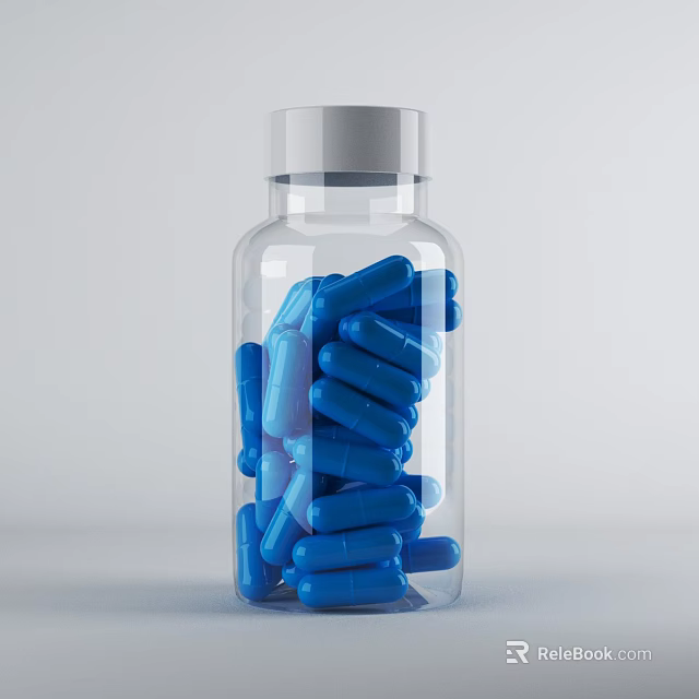 Transparent Medical Device Bottle Filled With Blue Capsules For Medical Use 3d model 