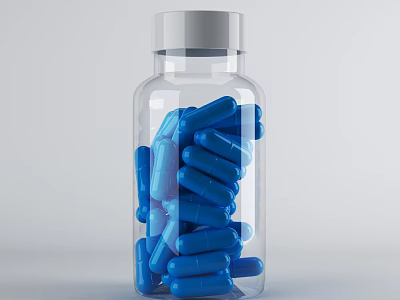 Transparent Medical Device Bottle Filled With Blue Capsules For Medical Use 3d model