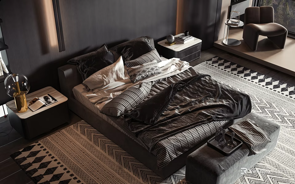 Modern Double Bed Interior With Dark Patterned Linens Nightstands And Geometric Rug 3d model 
