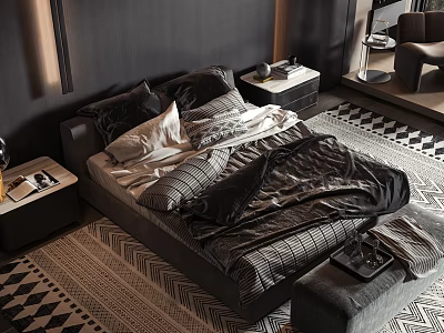 Modern Double Bed Interior With Dark Patterned Linens Nightstands And Geometric Rug 3d model