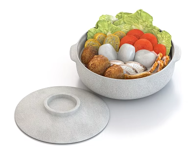 Assorted Fresh Vegetables and Meatballs in Traditional Stone Pot with Lid 3d model