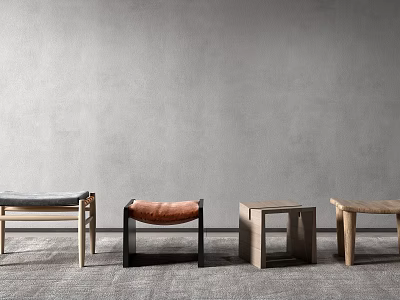 Modern Stools In Different Styles Wooden Frame And Upholstered Seat Against Gray Wall And Carpet 3d model