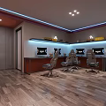 Modern Elevator Corridor With Blue Neon Lights Polished Floor And Decorative Wall Art