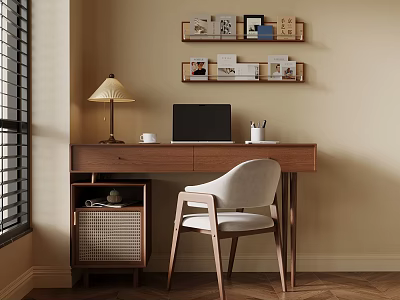 Vintage Solid Wood Writing Desk With Comfortable Chair And Storage Cabinet For Cozy Home Workspace 3d model