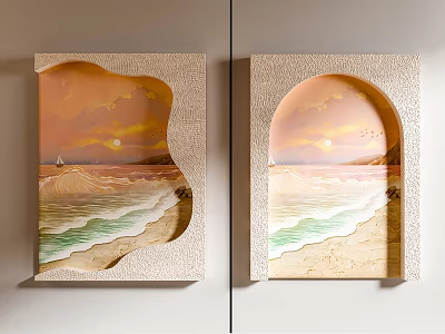 Two Artistic Coastal Seascape Wall Decor With Sunset And Waves 3d model