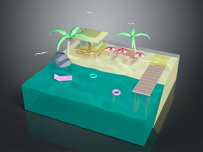 Cartoon Beach Scene with Beach House Palm Trees Umbrellas Float Rings and Wooden Dock 3d model