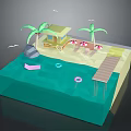 Cartoon Beach Scene with Beach House Palm Trees Umbrellas Float Rings and Wooden Dock
