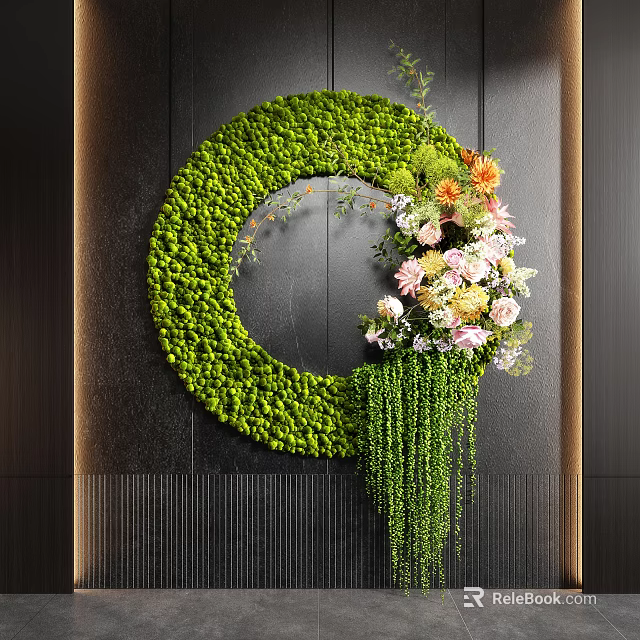 Circular Green Moss Wall Decoration With Colorful Flowers And Hanging Plants 3d model 