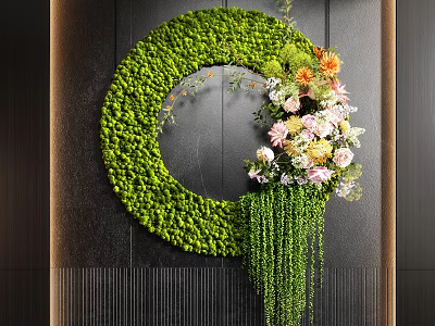Circular Green Moss Wall Decoration With Colorful Flowers And Hanging Plants 3d model
