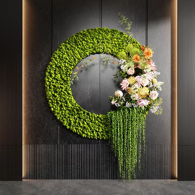 Circular Green Moss Wall Decoration With Colorful Flowers And Hanging Plants 3d model