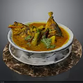 Delicious Curry Fish In White Bowl With Spicy Sauce And Fresh Cilantro On Marble Tray