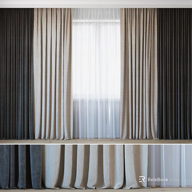 Modern Linen Window Curtains With Dark And Light Colors And Sheer Panels 3d model 