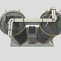 Industrial Storage Tanks With Ladders Pipes Top Platform And Bottom Warning Stripes Design