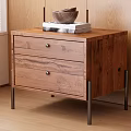 Wooden Bedside Table With Two Drawers Metal Legs And Marble Tray With Wooden Bowls