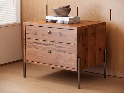Wooden Bedside Table With Two Drawers Metal Legs And Marble Tray With Wooden Bowls 3d model