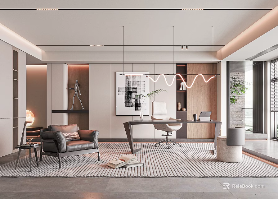 Modern Study Room Interior With Desk Chair And Artwork 3d model