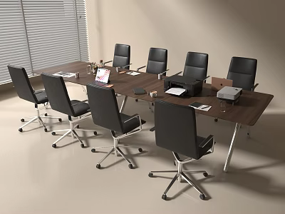 Modern Wooden Conference Table in Meeting Room with Black Office Chairs Notebooks and Documents 3d model