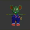 Cartoon Mouse Character With Red Ears Blue Overalls OIC On Chest Red Gloves Open Arms