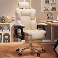 Comfortable Beige Office Chair With Black Armrests Wheels And Wooden Desk In Cozy Home Office