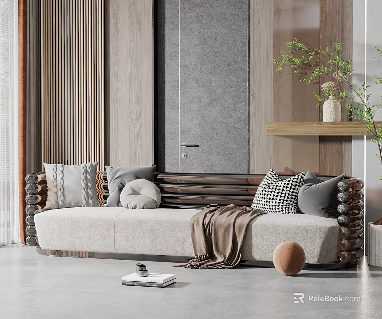 Modern Sectional Sofa with Plush Pillows Cozy Throw Blanket and Wooden Accents 3d model 