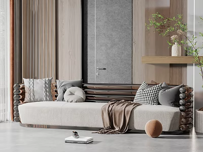 Modern Sectional Sofa with Plush Pillows Cozy Throw Blanket and Wooden Accents 3d model