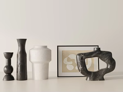 Modern Minimalist Decorative Ornament Set With Textured Vases And Abstract Art Frame 3d model