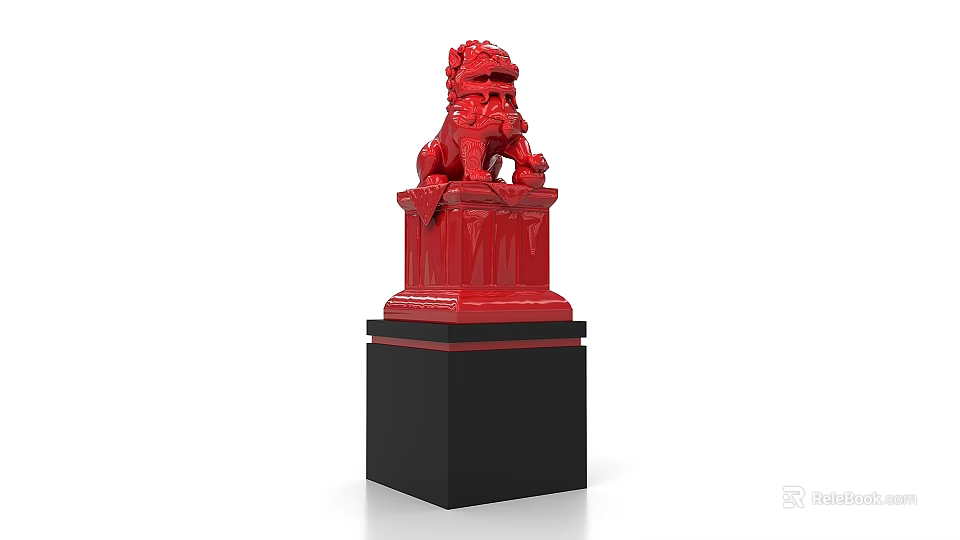 Decorative Red Lion Sculpture with Detailed Carving and Black Base Stand 3d model 