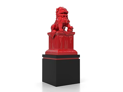 Decorative Red Lion Sculpture with Detailed Carving and Black Base Stand 3d model