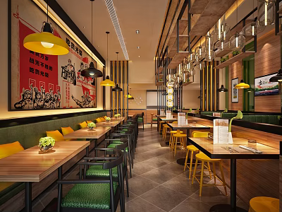 Restaurant Interior With Red Slogan Yellow Pendant Lights Wooden Tables Green Seats And Wall Decorations 3d model
