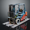 Orange And Blue Industrial Forklift With Front Loader And Metal Forks