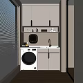 Home Balcony Laundry Space Design With Washing Machine Sink White Cabinets Shelf And Blinds