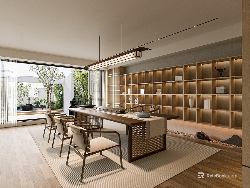 Traditional Japanese Tea Room Interior With Wooden Table Chairs Bookshelves And Natural Light 3d model 