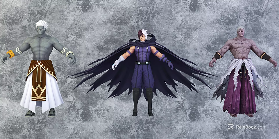 Game Movie Characters Including Purple Clad Figure With Black Cape And Gray Skin Character 3d model 