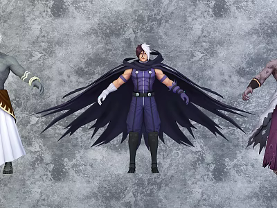 Game Movie Characters Including Purple Clad Figure With Black Cape And Gray Skin Character 3d model