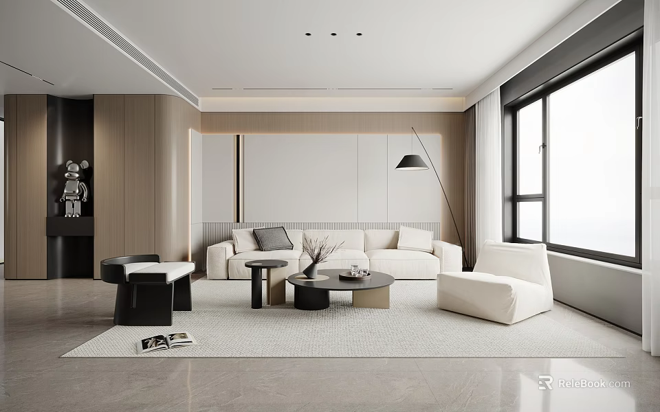 Modern Living Dining Room Interior With Open Concept Sofa Coffee Table And Large Windows 3d model