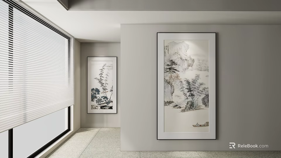 Traditional Chinese Landscape Paintings Hanging On Modern Interior Wall As Decorative Artwork 3d model 