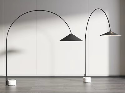 Two Arched Floor Lamps with Triangular Shades and White Bases in Minimalist Gray Wall Interior 3d model