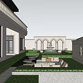 Modern Garden Landscape With Trimmed Hedges Lawn Pink Flowers Stone Path And Outdoor Sofas