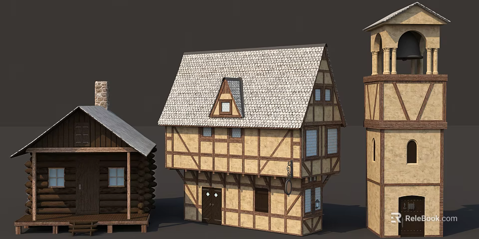 Traditional Half-timbered Commercial Complex With Gabled Stone Roof Windows And Tower 3d model 