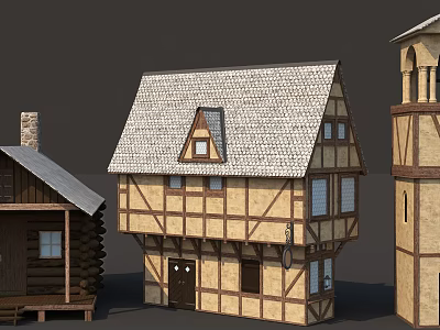Traditional Half-timbered Commercial Complex With Gabled Stone Roof Windows And Tower 3d model