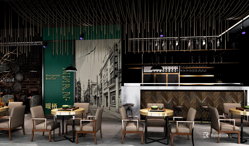Café Interior With Green Accent Wall Black And White Street Mural Round Tables Beige Chairs 3d model 